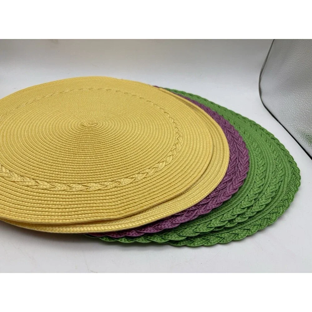 Lot 7 Round Braided Woven Placemats 15” Green Purple Yellow Table Mats